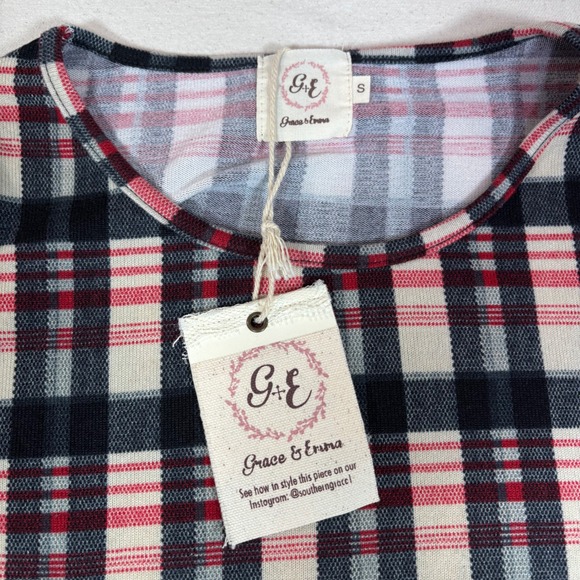 Grace & Emma Plaid Tunic Dress Red Black White Elbow Patches Work Play Small NWT - Picture 2 of 9
